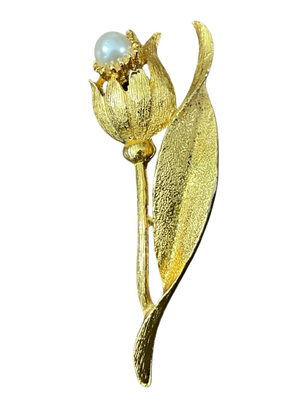 Vintage Gold Tone Tulip Bud Brooch Faux Pearl Floral Pin Mid Century 2” Unsigned